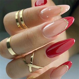 DOCVOEOMH Almond Shaped Press on Nails Medium French Rose Red Acrylic Fake Press Ons Nails with Glitter Design Glue on Full Cover Artificial False Stick on Nail for Girls Women Daily Wear 24PCS