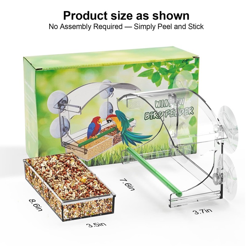 Clear Window Bird Feeder with 4 Strong Suction Cups, Removable
