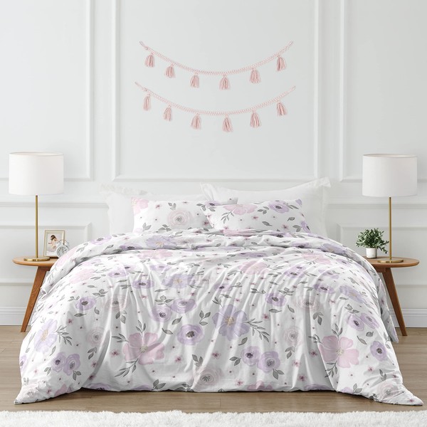 Sweet Jojo Designs Lavender Purple, Pink, Grey and White Shabby Chic Watercolor Floral Girl Full/Queen Teen Childrens Bedding Comforter Set - 3 Pieces - Rose Flower