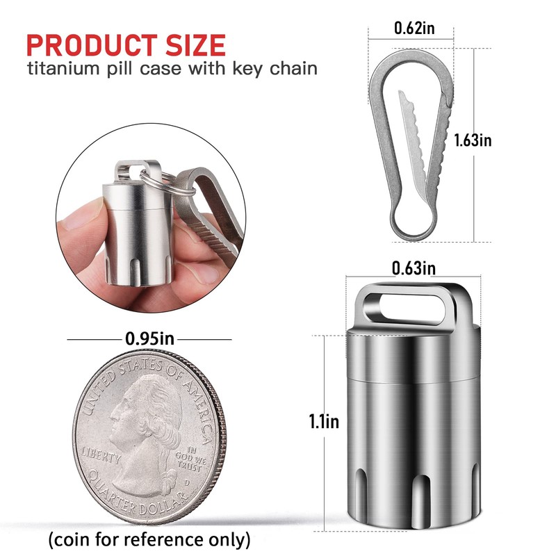 TISUR Titanium Small Pill Holder Keychain, Portable Pill Case Waterproof