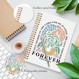 LADOCK Groovy Boho Floral Christian Spiral Notebook, Christian Gifts for Women Faith, Psalm 136:1 Prayer Bible Journal Journaling, Bible Verse Scripture Journal for Women, 5.5x8.3