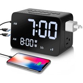Cargador de Reloj Despertador con 3 Puertos USB y 2 Salidas de CA, LED Pantalla Reloj Alarma Dual con Máquina de Ruido Blanca, 12/24 Horas, 4 Brillo Ajustable, Función Snooze y Alarma Espejo Portátil