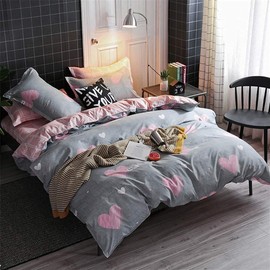 Koudi Kids Girls Duvet Cover Set Twin Pink/Grey Reversible Soft Microfiber Bedding Set Sweet Heart and Pink White Plaid Bedroom Comforter Cover for Teen Girls 3pcs