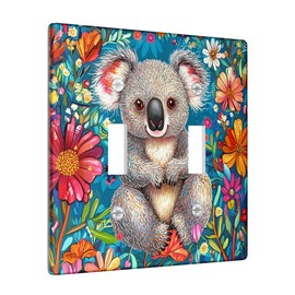 Spring Funny Koala Decorative Light Switch Cover Wall Plate 2 Gang Double Toggle, Oil Painting Floral Animal Electrical Faceplate for Bedroom Bathroom Decor, Flower Electrical Switchplate