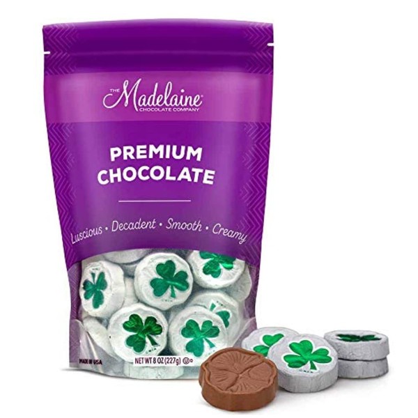 The Madelaine Chocolate Company Solid Premium Milk Chocolate Shamrocks - ½ Lb Bag Individually Wrapped Chocolate Pieces in Matte White Foil with Green Shamrock - St. Patrick's Day Treats for Everyone