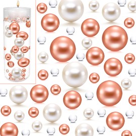 UDU 150 Pcs Floating No Hole Pearl and 10000 Pcs Vase Filler Water Beads Faux Pearls for Vase Mixed Sizes Round Pearls for Home Party Wedding Decor, 8/14/20 mm (White, Rosegold)