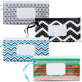 FAREVER Baby Wipe Dispenser, 4 Pack Portable Refillable Wipe Holder, Reusable Lightweight Wipes Holder Container for Travel Wet Wipe Pouch,Geometric