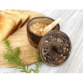 Rustic Salt Box Cellar with Hand Carved Lid & Spoon, Wooden Salt Pinch Bowls | Wood Salt Keeper, Spice Bowls for Cooking, Salt Pepper Tea Sugar Holder for Kitchen, Thanksgiving Christmas Holiday Gift