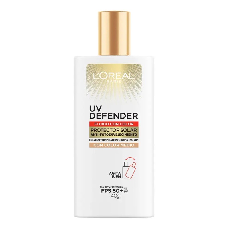 L'Oreal Paris Protector Solar Fluid FPS50+ UV Defender, Tono Medio