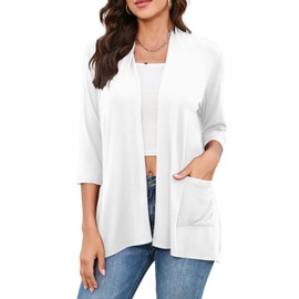 TASAMO Womens Casual Lightweight Cardigans with Pockets 3/4 Sleeve Open Front Dusters(XX-Large,White)