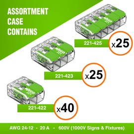 WAGO 221 Series Green Range 80pc Compact Splicing Wire Connectors | Includes (40x 221-422) (25x 221-423) (15x 221-425) | WAGO Green Connectors | 221 Lever Nuts Electrical | (2-Port) (3-Port) (5-Port)