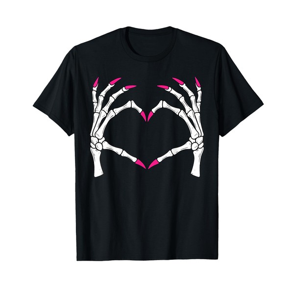 Skeleton Hands Heart Halloween Goth Couple Pink Nails Vibes T-Shirt
