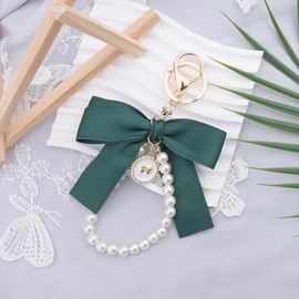 Bow Ribbon Keyring Pearl Bracelet Wristlet Keychain Bag Accessories Charm Wristlet Key Ring for Car Keys Bow Knot Keychain Handbag Bag Charms for Womens Handbags Bow Key Chain Accessories Bag Charm