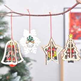 KASESSS 4 Pcs Christmas Tree Decorations, 3D Christmas Decorations, Xmas Wooden Pendants, Bells Pentagram Snowflake Christmas Tree Hanging Ornaments Baubles Indoor for Home Office Winter Decor