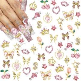 KACHIMOO 30 PCS Nail Art Rhinestone Charms Nail Charms Y2k Shiny Rhinestones for Nails 3D Heart Bow Star Cherry Crown Butterfly Flower Nail Gems Gold Nail Art Charms for Women Girls Nail DIY