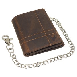 RFID Blocking Men's Chain Biker Vintage Genuine Leather Slim Trifold Wallet (Logo Brown With Chain)