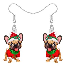 TIZURO Christmas Acrylic Fun Red Bow Bell French Bulldog Earrings Cartoon Puppy Pets Animals Dangle Novelty Jewelry For Women Winter Xmas Party Gifts (Khaki)