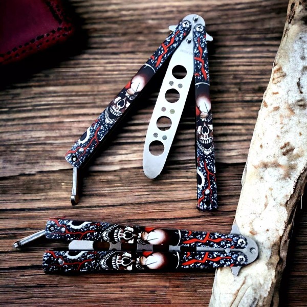 Blade.Addict Skull Butterfly Trainer Knife Training Dull Silver Blade Practice