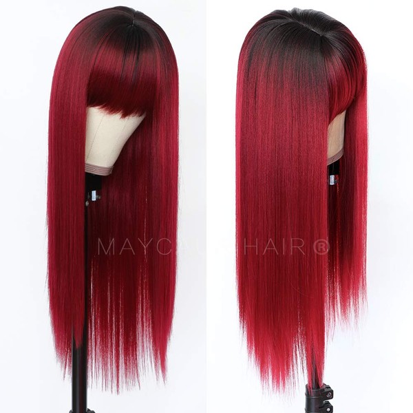 Maycaur Red Color Synthetic Hair Wigs with Full Bangs Black Red Ombre Color Long Straight Women's Wig Heat Resistant Synthetic No Lace Wigs for Fashion Women