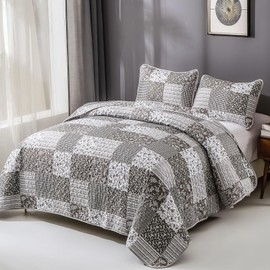Mybedsoul Grey Boho Quilt Set Queen Size,3 Pieces Plaid Floral Bedspread Coverlet Set for All Season,Patchwork Reversible Bedding Set Queen 90"x96"