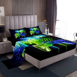Feelyou Gamer Sheet for Boys and Girls Gaming Fitted Sheet 4Pcs Kids Video Game Controller Bed Sheet with 1 Flat Sheet & 2 Pillowcases,Full,Teal