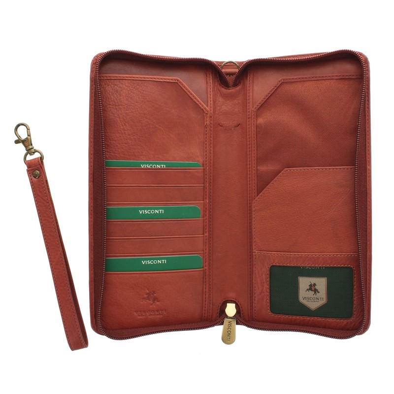 VISCONTI Leather Zipped Travel Document Holder & Strap RFID Blocking