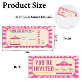 rizotus Vintage Circus Birthday Ticket Invitation, Carnival Birthday Party Invites Cards for Boys and Girls, Pink Circus Ticket Invitation, Carnival Party Celebration, Set of 20 Card with Envelopes