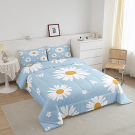 Homewish Daisy Comforter Set Twin Size White Flower Leaves Bedding Set 2pcs for Kids Boys Girls Women Bedroom Decor,Botanical Garden Artwork Quilt Set Soft Polyester Blue Duvet Insert,1 Pillowcase