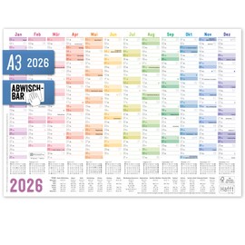 Häfft Wipe-Clean Wall Calendar 2026 A3 (42 × 29.7 cm) "Rainbow" Wall Planner with Holiday Overview and Holidays + Free A4 Calendar - Sustainable & Climate Friendly
