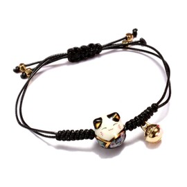 Pingyongchang 3 Color Ceramic Beads Lucky cat Lucky cat Bracelet Adjustable Suitable for Valentine's Day, Thanksgiving Day, Mother's Day for Women and Girls-Black