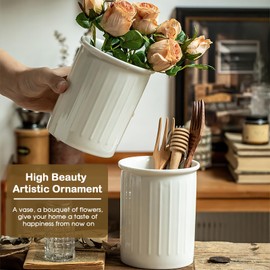 Kitchen Utensil Holder, Ceramic Utensil Holder for Kitchen Counter, Relief Container for Kitchen Utensils, Worktop Storage, Ceramic Utensil Container for Home Decoration, White, 13.4 x 10.8 cm