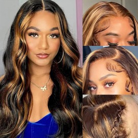KERUISI 30 Inch Highlight Lace Front Wig Human Hair 13x4 Body Wave Ombre Lace Front Wig Human Hair 1/27 Body Wave 200 Density Colored
