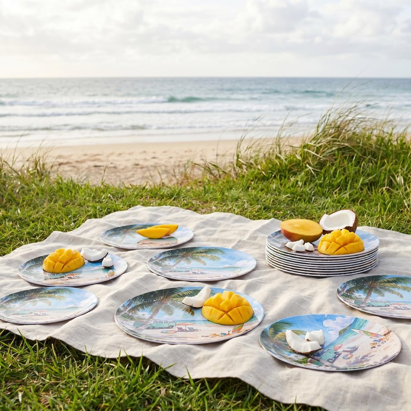 molidiki 12-Piece Melamine Dinner Plates, 10.5" Beach Coastal, BPA-Free.