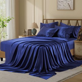 VCUSUELER Silk Like Satin Bed Sheets, 6-Piece Navy Blue Queen Size Satin Sheets for Hair and Skin, Luxury Silky Bedding Set with Deep Pocket for Mattress (Queen, Navy Blue)