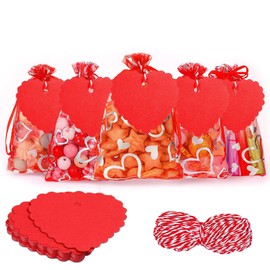 Ausejopeac 50 Pieces Valentine's Day Heart Candy Bags Love Organza Jewelry Pouches and 50 Pieces Kraft Paper Tags for Valentine's Day