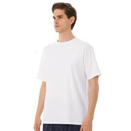 TIZAX UV Swimming Shirt Men's Short-Sleeved Swimming Shirt Rash Guards UPF 50+ Sun Protection Men's Water Sports T-Shirt Quick Drying, White