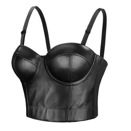 LEACOOLKEY Women Corset Top PU Leather Bustier Crop Top Gothic Punk Push Up Bra Black, black