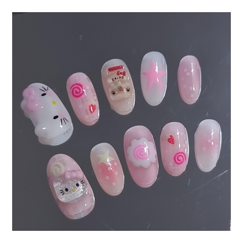Strawberry Cozy Cat's Homemade Nail Tips - Long Ballerina /