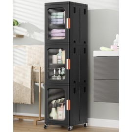 BROVIEW 3-Tier Tall Narrow Storage Cabinet Organizer, Slim Bathroom Cabinets with Doors and Shelves Adjustable, Plastic Kitchen Pantry Organizers and Storages for Small Space, Laundry, Black