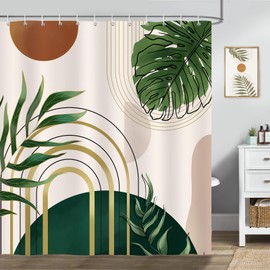 Bonhause Boho Shower Curtain, Abstract Modern Arch Sun Green Palm Leaves Mid Century Bathroom Decor 72x72 Inch Polyester Fabric Waterproof Bath Curtain with 12 Hooks
