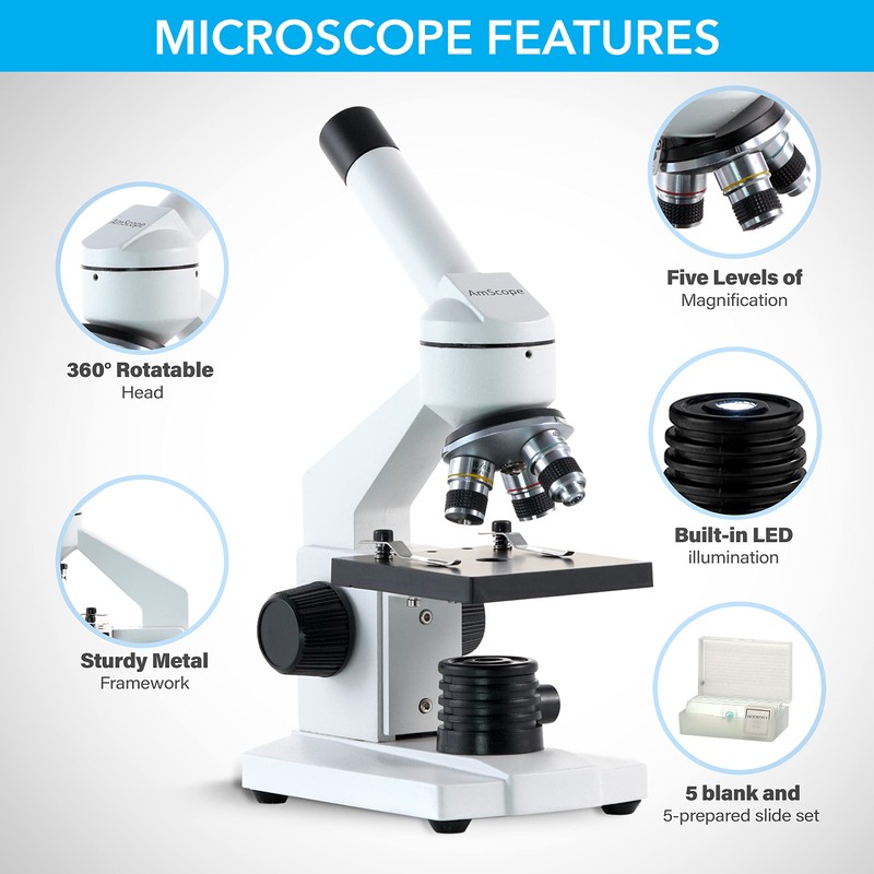 AmScope - M102C-PB10 40X-1000X Biological Compound Microscope with Prepared and