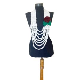 White Crochet Scarf Necklace with Red Rose, Green Leaves