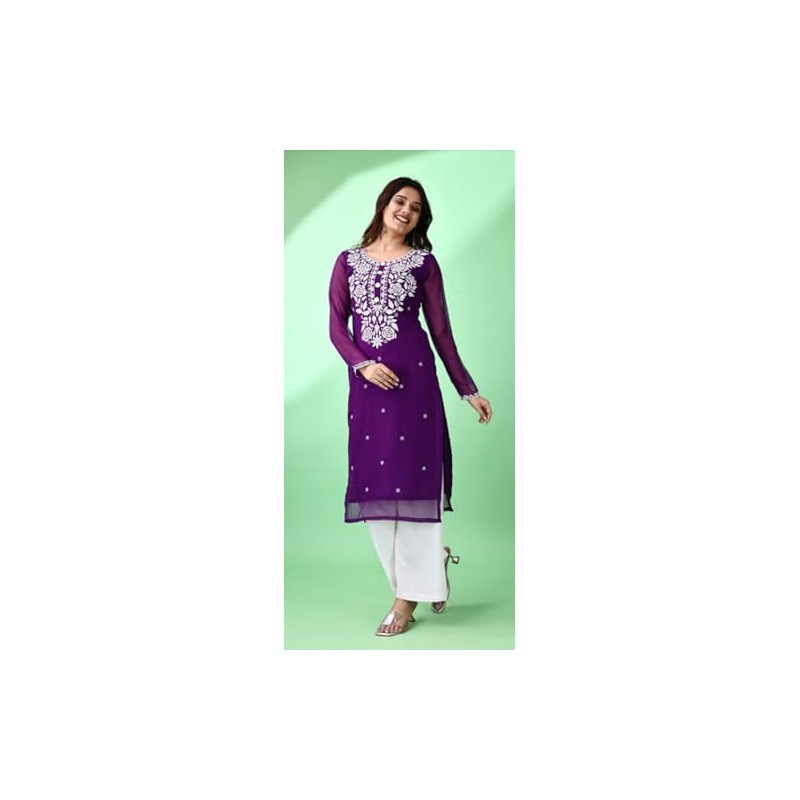 Estationeryhouse Women's Georgette Lucknowi chikankari kurti, Rose Design with Heavy