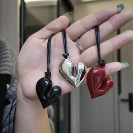 ANZWTLOYY Puffy Heart Pendant Necklace Y2k Aesthetic Vintage Heart Pendant Adjustable Leather Cord Necklace for Women Men (Silver)