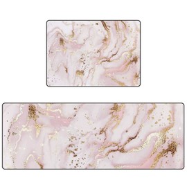 ZKLZI Kitchen Rugs Kitchen Mats for Floor 2 Pieces Liquid Marble Painting Gold Pink Kitchen Mat Set Non Slip Soft Absorbent Coral Velvet Washable Kitchen Rug Set 17.7×29.1Inch + 17.7×58.2Inch