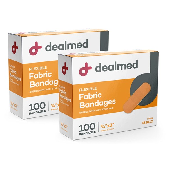 Dealmed Fabric Flexible Adhesive Bandages – 100 Count (2 Pack) Bandages with Non-Stick Pad, Latex Free, Wound Care for First Aid Kit, 3" x 3/4"