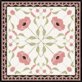 HOMETITUTE 10PCS 12x12 Inch Vintage Red Poppy Floral Pattern with Green Leaf Border Floor Tiles Peel and Stick Removable Self Adhesive Vinyl Flooring Stickers for Kitchen Bathroom Living Room Decor