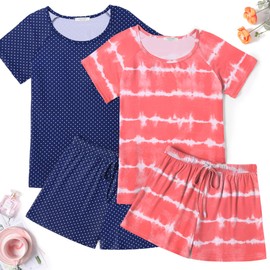 Ekouaer Summer Pajama Set for Women Cozy Short Sleeve Pjs Two Piece Sleepwear with Pockets Fashion Loungewear Orange Wave+Navy White Dots-3,Small