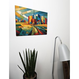 The Plum Penguin Cubist Prairie Landscape Wall Art, Dual A4 MDF Wood Panels, Picasso-Inspired Home Decor Canvas Alternative 40 x 30cm