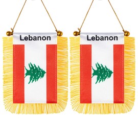 CANTENDO 2 Pack Lebanon Window Hanging Flag,Mini Lebanese Car Flag with Pole Tassel Suction Cup Rearview Mirror Decoration(3x5 Inch)